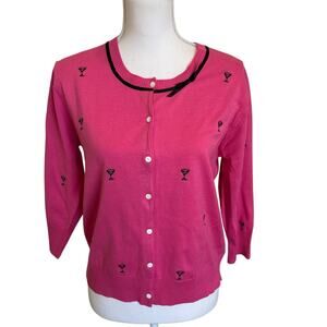 SML Design Cardigan Size Large Pink Martini Emblem Silk Blend Crop Black Ribbon